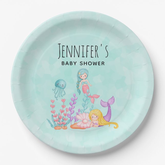 Mermaids & Jellyfish Under the Sea Watercolor Paper Plate (Front)