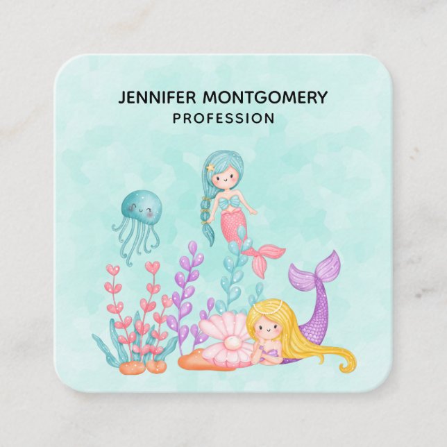 Mermaids & Jellyfish Under the Sea Watercolor Square Business Card (Front)