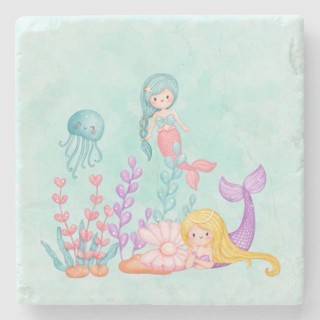 Mermaids & Jellyfish Under the Sea Watercolor Stone Coaster (Front)