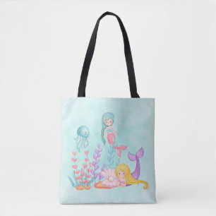 Mermaids & Jellyfish Under the Sea Watercolor Tote Bag