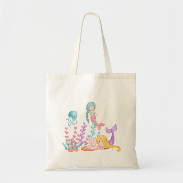 Mermaids & Jellyfish Under the Sea Watercolor Tote Bag (Front)