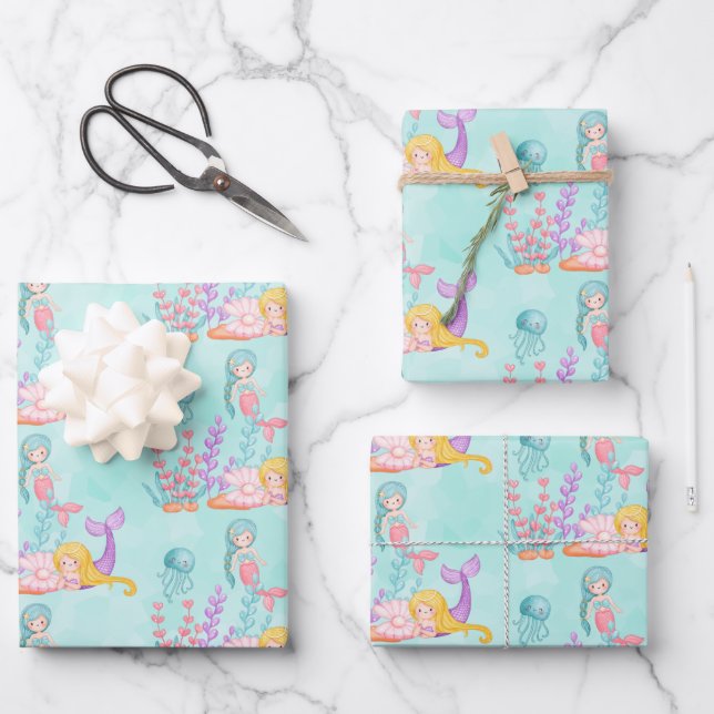  Mermaids & Jellyfish Under the Sea Watercolor Wrapping Paper Sheet (Front)