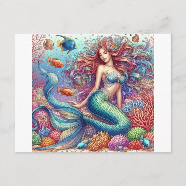 Mermaids lounging on a coral reef postcard (Front)