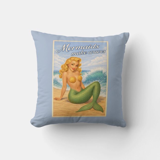 Mermaids Make Waves Retro Coastal Blue Beach Decor Throw Pillow (Front)