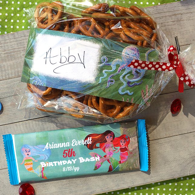 Mermaids & Octopus Favour & Candy Bar Wrapper (Blue, Green Mermaid Birthday Party Favor Candy Wrapper with Octopus, budget diy)