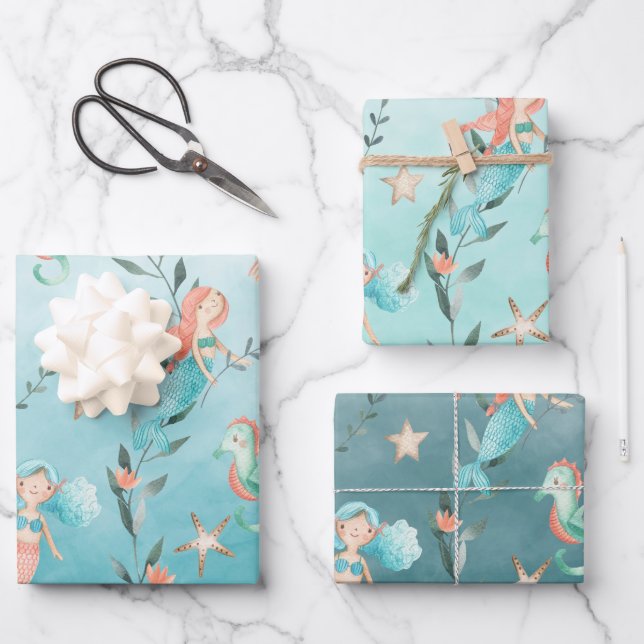 Mermaids Party Under The Caribbean Blue Sea Wrapping Paper Sheet (Front)
