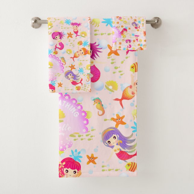 Mermaids Peach Pink Bath Towel Set (Insitu)
