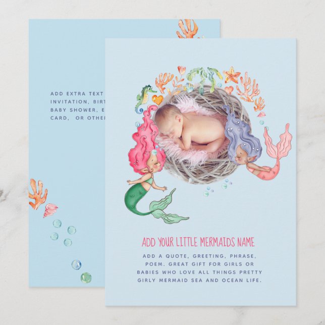 Mermaids Personalized PHOTO Invite Announcement    (Front/Back)