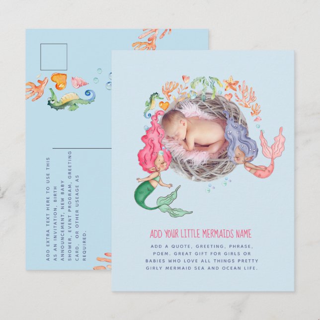 Mermaids Personalized PHOTO Invite Announcement    Postcard (Front/Back)