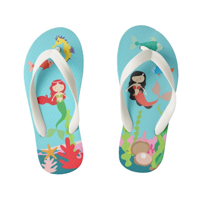 Mermaids Red & Black Haired Undersea Life Kid's Flip Flops (Footbed)
