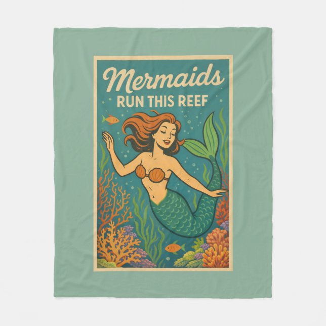 Mermaids Run This Reef | Retro Coral Fish Sea Life Fleece Blanket (Front)