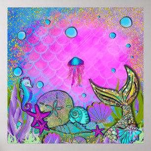 Mermaids & Sea Shells Pink Sparkly Birthday Party Poster