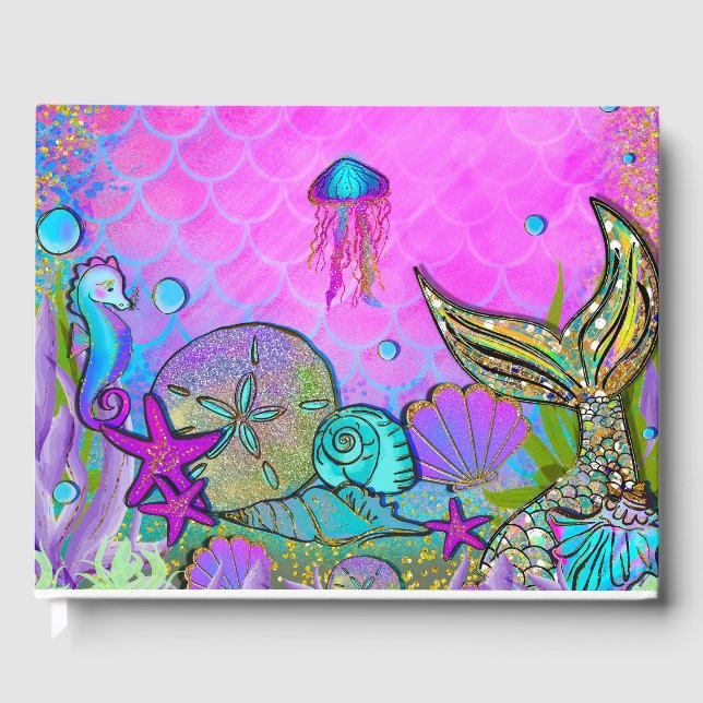 Mermaids & Sea Shells Pink Sparkly Party Guest Book (Front)