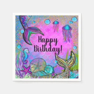Mermaids & Sea Shells Pink Sparkly Party Napkin