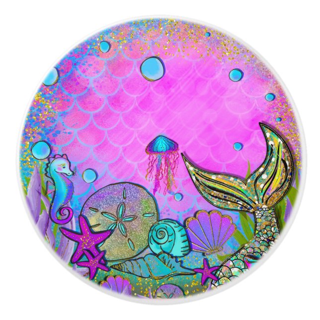Mermaids & Sea Shells Pink Sparkly Sparkles Ceramic Knob (Front)