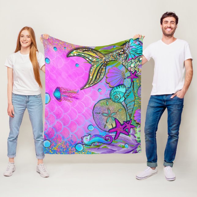 Mermaids & Sea Shells Under the Sea Pink Sparkle Fleece Blanket (In Situ)