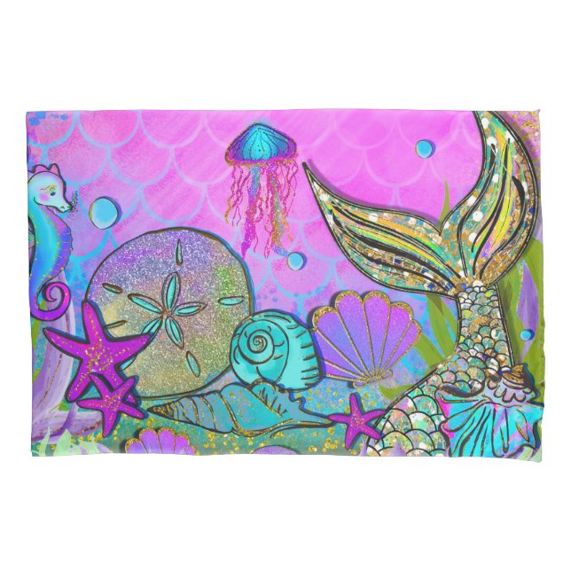 Mermaids & Sea Shells Under the Sea Pink Sparkle Pillowcase (Front)
