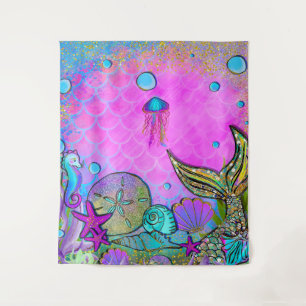 Mermaids & Sea Shells Under the Sea Pink Sparkle Tapestry