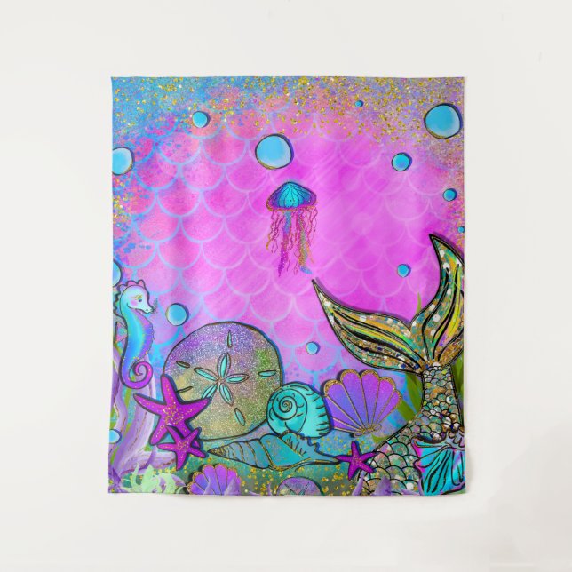 Mermaids & Sea Shells Under the Sea Pink Sparkle Tapestry (Front)