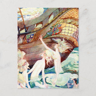 Mermaids Sisters and Ship Postcard