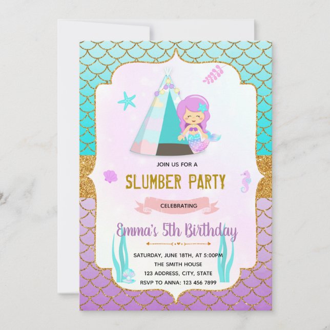 mermaids slumber theme invitation (Front)