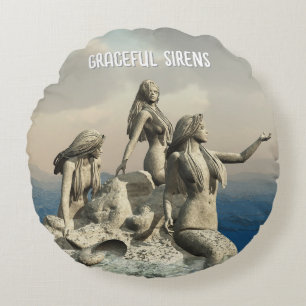 Mermaids statue. Customized Round Pillow