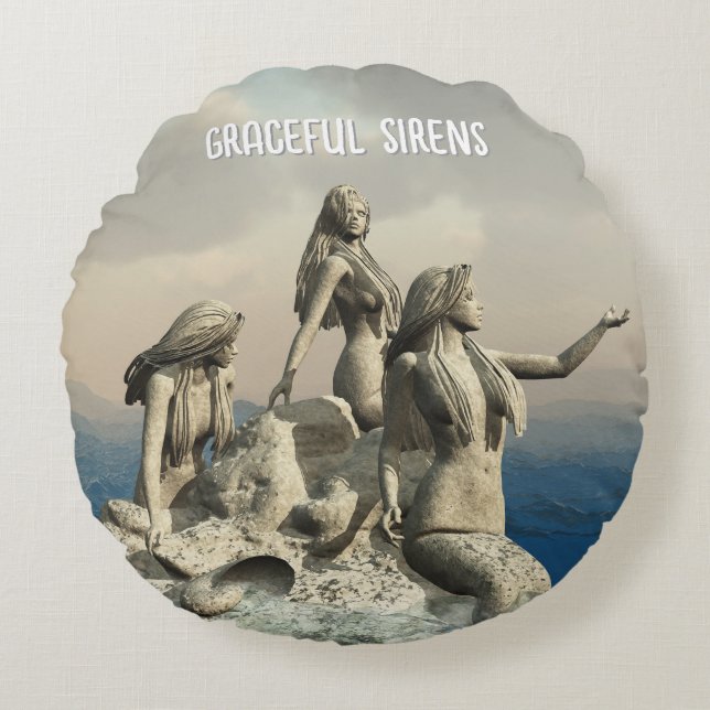 Mermaids statue. Customized Round Pillow (Front)