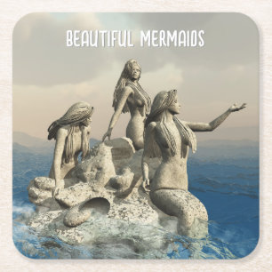 Mermaids statue. Customized Square Paper Coaster