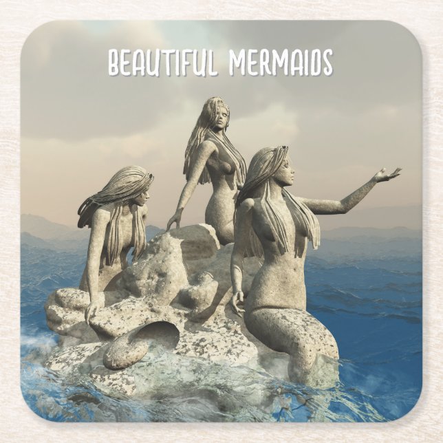 Mermaids statue. Customized Square Paper Coaster (Front)