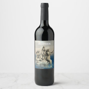 Mermaids statue. Customized Wine Label