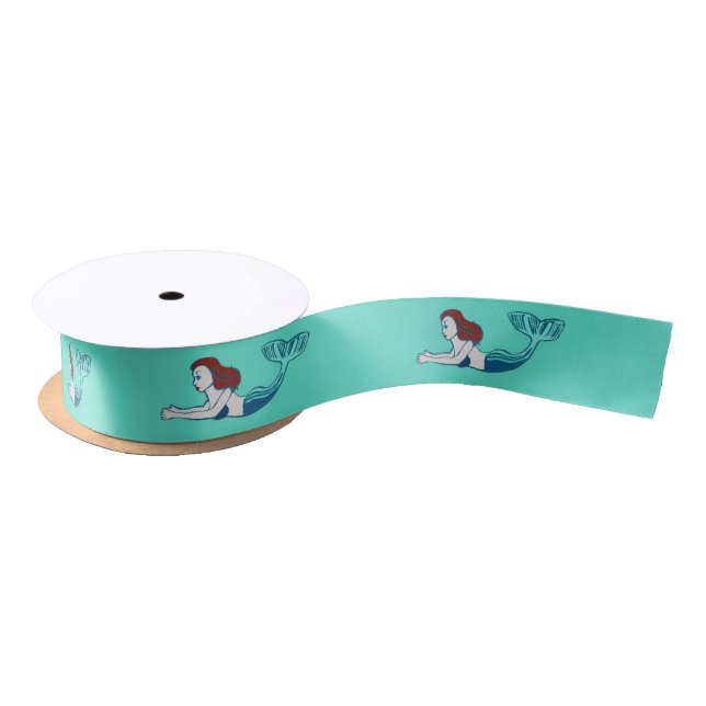 Mermaids Swimming Turquoise Mint Satin Ribbon (Spool)