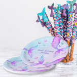 Mermaid's Tails Bright Mermaid Birthday Party Paper Plate<br><div class="desc">Mermaid Birthday Party plates with magical mermaid's tails and decorative typography. The template wording is fully edtable and currently reads "Happy Birthday [Name]". This bright vibrant design features mermaids tails and ocean bubbles in watercolor shades of purple pink green and turquoise blue. Easy to customize for any age and perfect...</div>