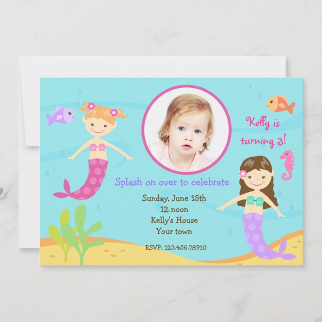 Mermaids Under the sea birthday invitations (Front)