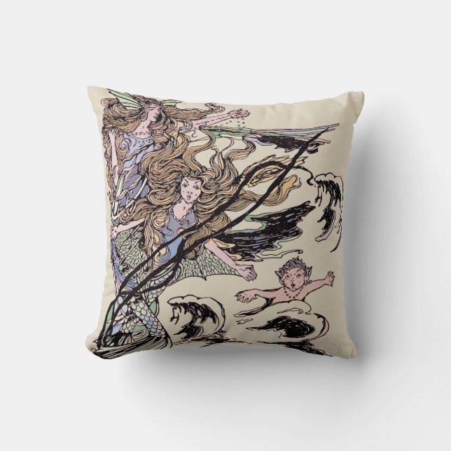 Mermaids Vintage Victorian Illustration Throw Pillow (Front)