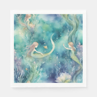 Mermaids watercolor art napkin