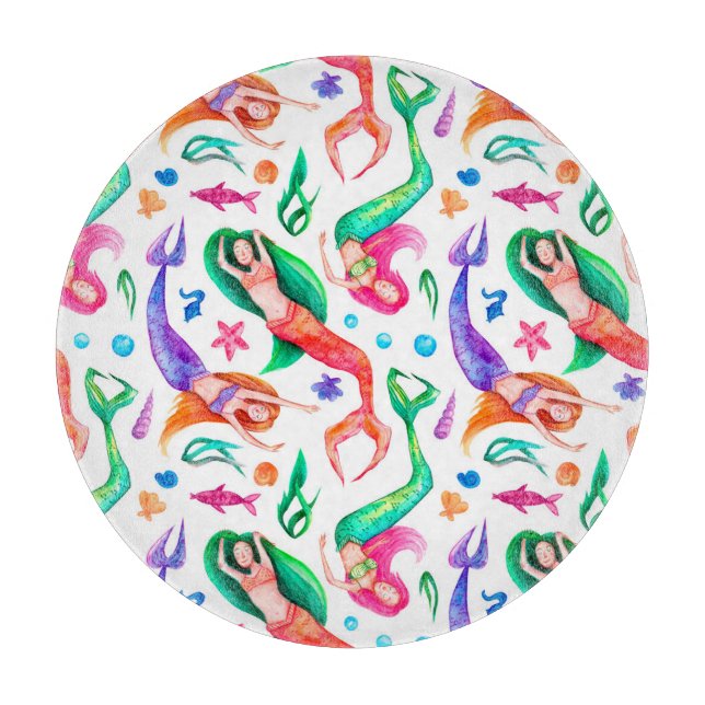 Mermaids Watercolor: Seamless Oceanic Pattern Cutting Board (Front)