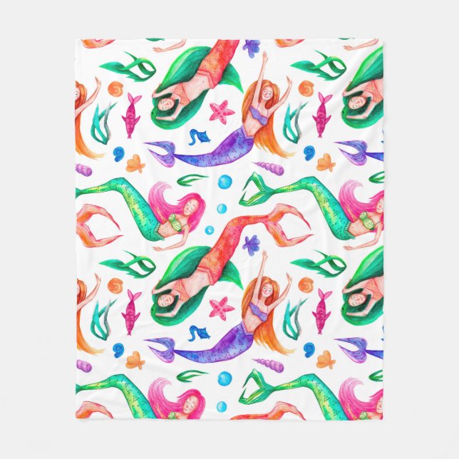 Mermaids Watercolor: Seamless Oceanic Pattern Fleece Blanket (Front)