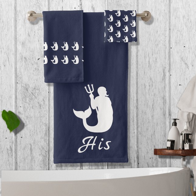 Merman Ocean Blue and White His Bath Towel Set (Creator Uploaded)