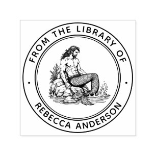 Merman on Rocks Ex Libris Bookplate Library Book Self-inking Stamp