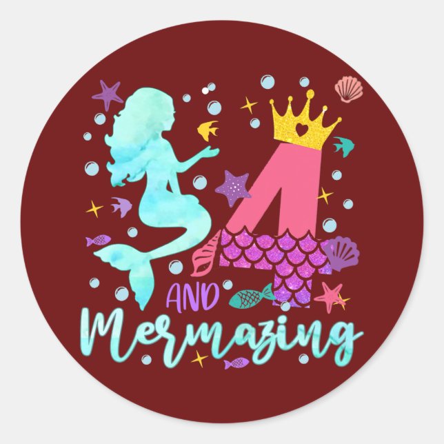 Mermazing 4th Birthday Mermaid 4 Years Old B Day Classic Round Sticker (Front)