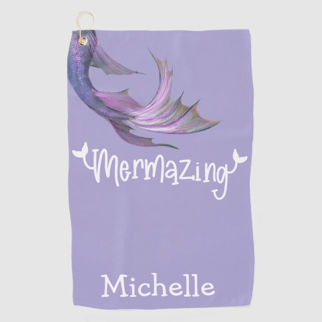 Mermazing Mermaid Tail Purple Personalized Golf Towel (Front)