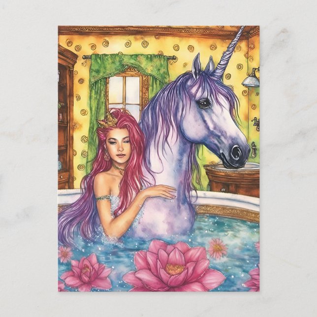 Mermiad and Unicorn Bathing fantasy Postcard (Front)