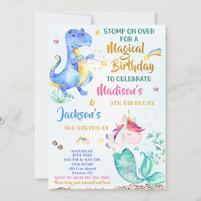 Mermicorn and Dinosaur birthday invitation twins (Front)