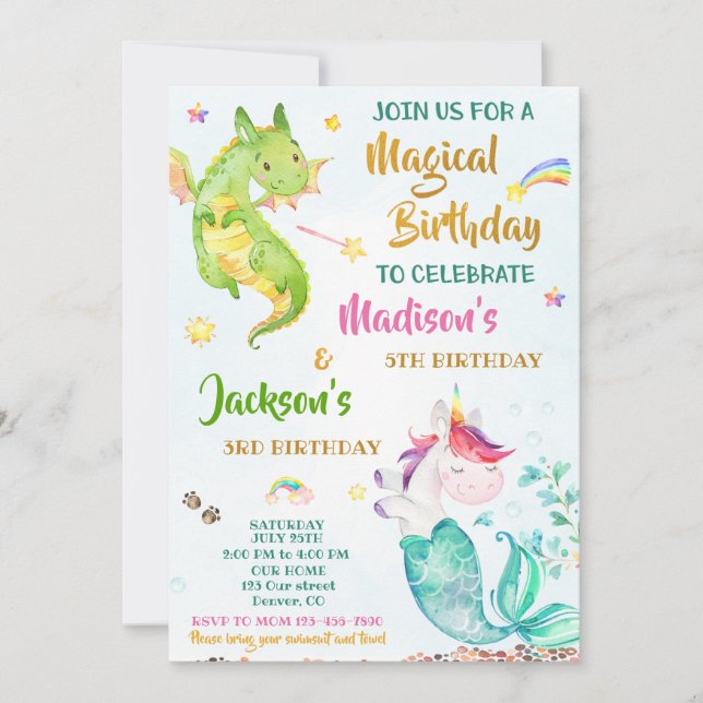 Mermicorn et Dragon invitation pour les jumeaux (Devant)