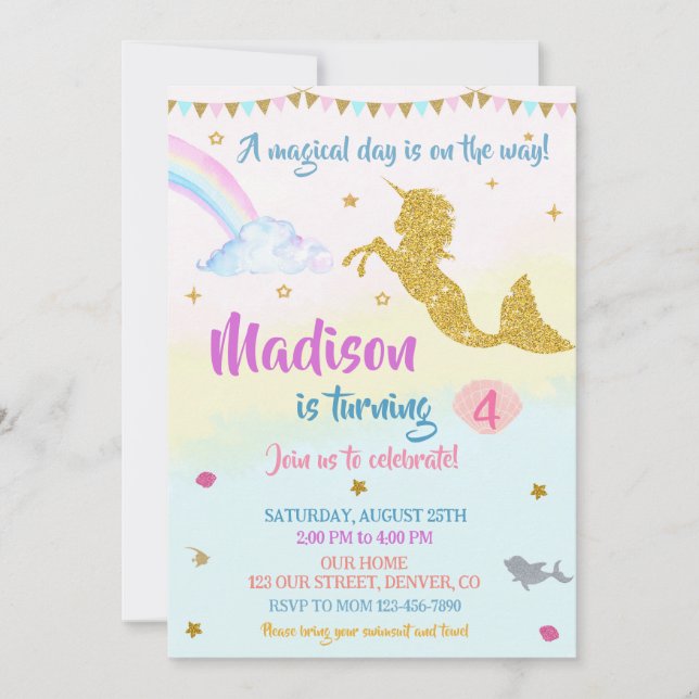 Mermicorn invitation anniversaire Fille Fête magiq (Devant)