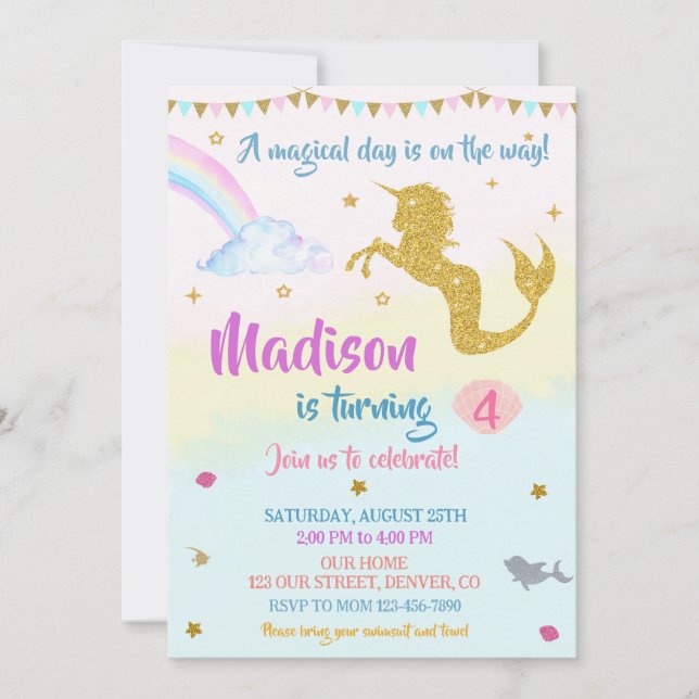 Mermicorn invitation anniversaire Fille Fête magiq (Devant)