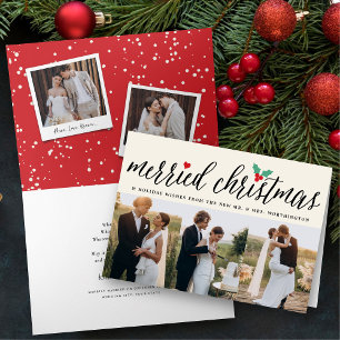 Merried Christmas Holly Mistletoe 3 Photo Wedding Holiday Card