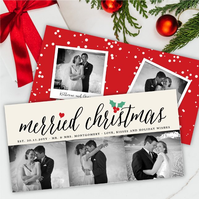 Merried Christmas Holly Mistletoe 3 Photo Wedding Holiday Card (Creator Uploaded)