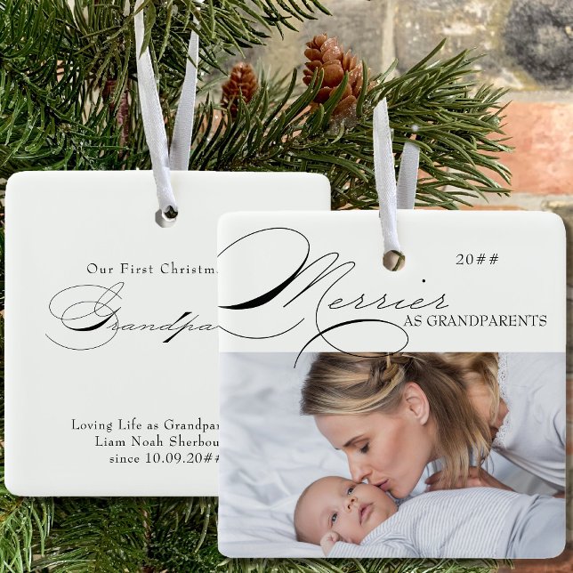 Merrier as Grandparents Photo Elegant Calligraphy Ceramic Ornament (Creator Uploaded)
