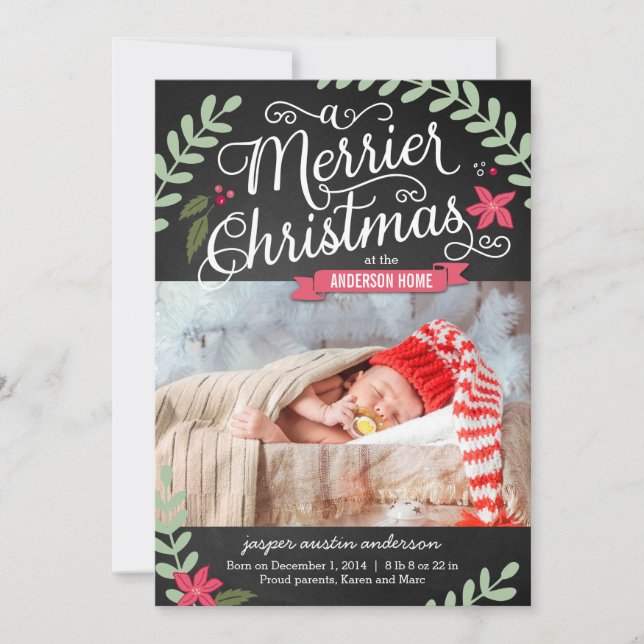 Merrier Christmas Birth Announcement Holiday Card (Front)